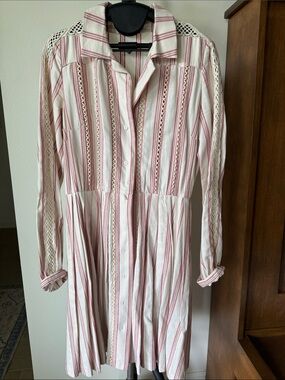 Button-Front Long Sleeve White Dress with Pink Stripes